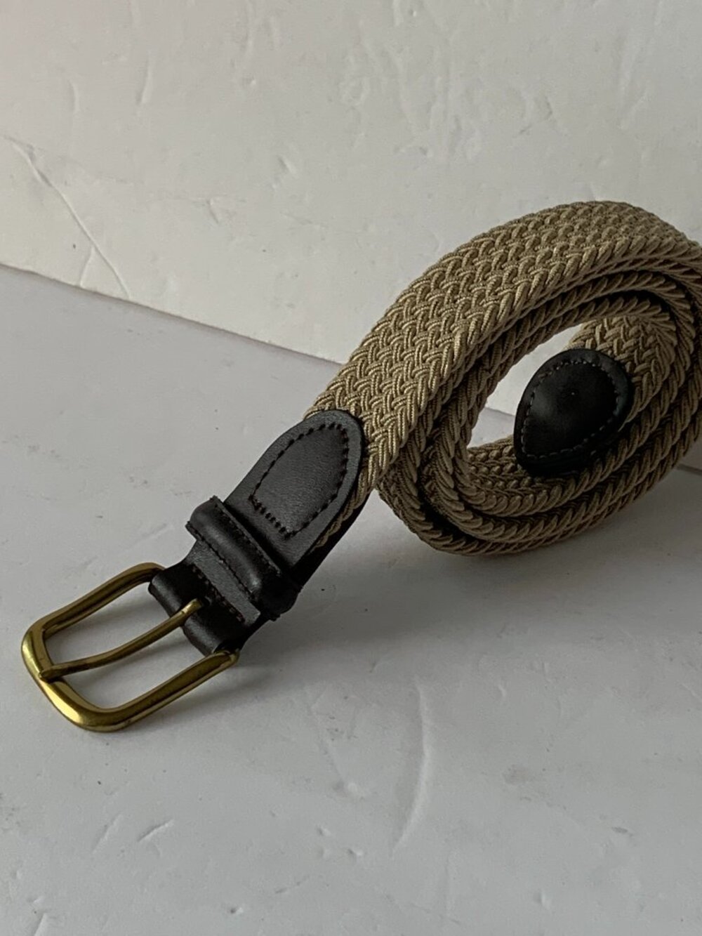 Men's Beige Braided Stretch Woven Canvas Belt Leather Trim M 34-36 Made USA